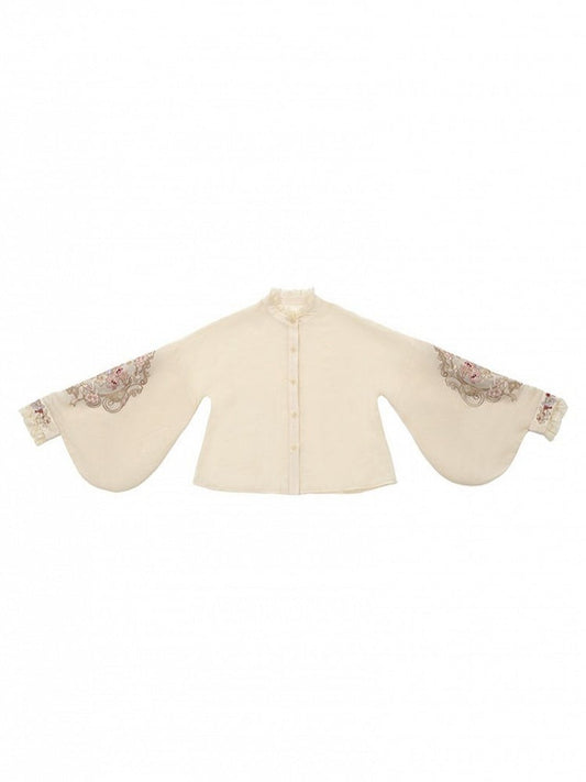 Hanfu-Inspired Beige Floral Embroidered Long-Sleeve Top with Lace - Yimu Walnut