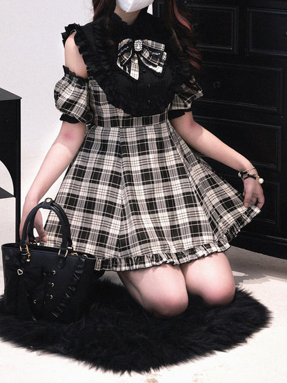 + 3-in-1 Set: Design Jirai Convertible Beige Kei Shorts Sleeve Black | Dress Plaid