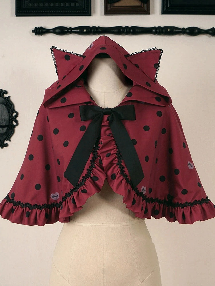 Lolita Cat Hooded with Dot Red Polka Ears Cape