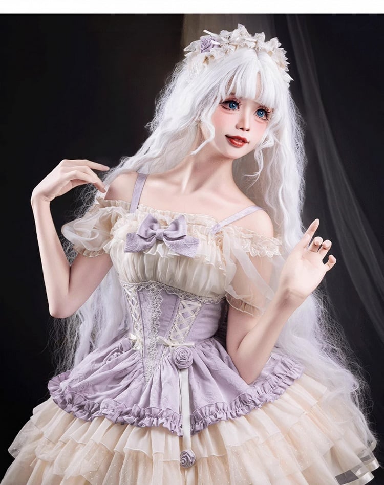 Zug Beige und Lila Großes Korsett Sweet Lolita Balletcore Kleid Taille Schnürung mit Schleife JSK
