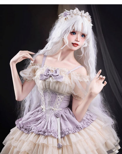 Zug Beige und Lila Großes Korsett Sweet Lolita Balletcore Kleid Taille Schnürung mit Schleife JSK