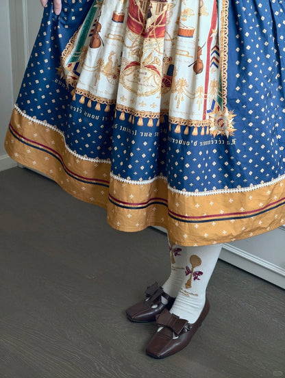 Dark Blue Musical Print Overall Dress with Detachable Straps - Crucis Universal Tailor Company