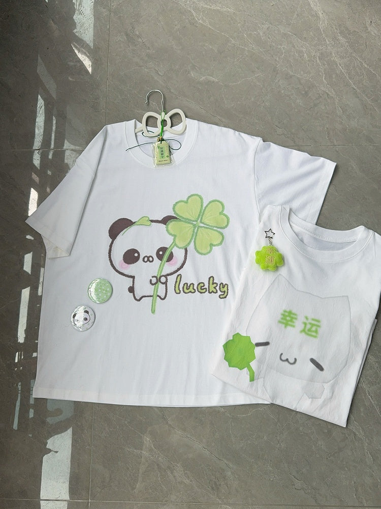 White - Crew Four-leaf with Neck Panda Cotton T-shirt Clover Print