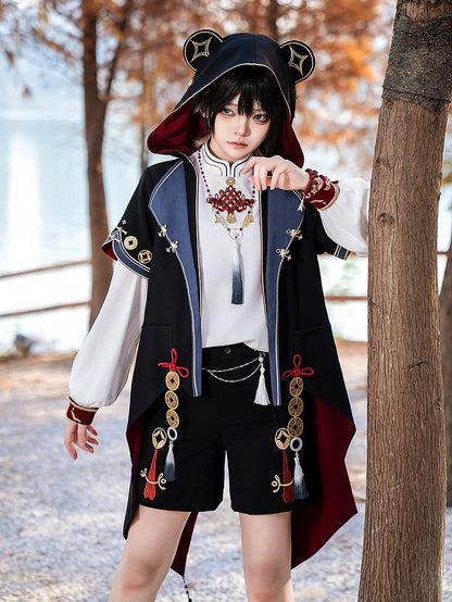 Black Ouji Fashion Chinoiserie Copper Coins Panda Ears Hooded Coat