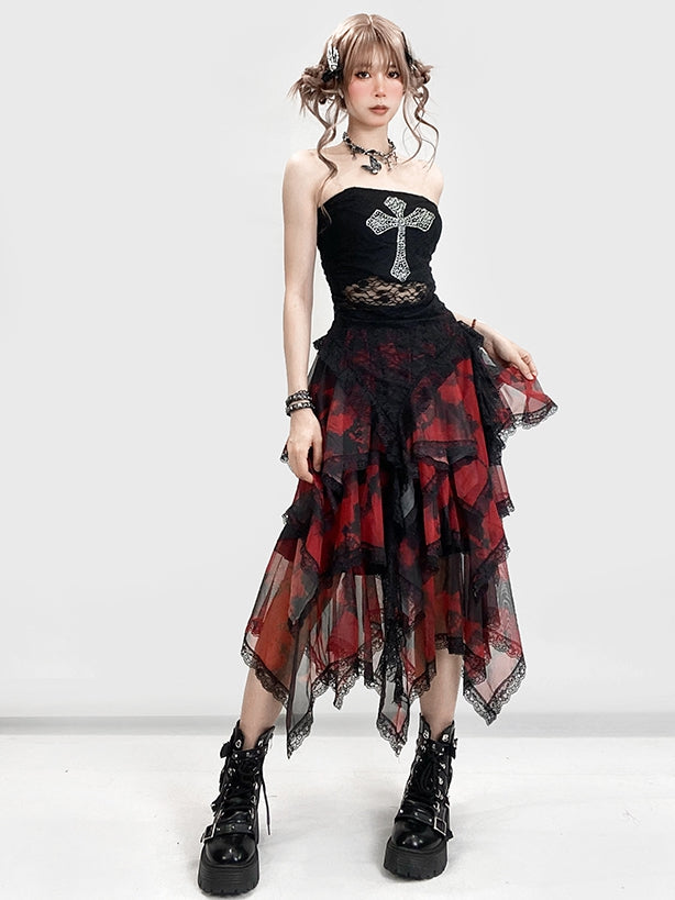 Krawatte Roter Besatz Spitzensaum Y2K Rock Taschentuch Farbstoff Stufen