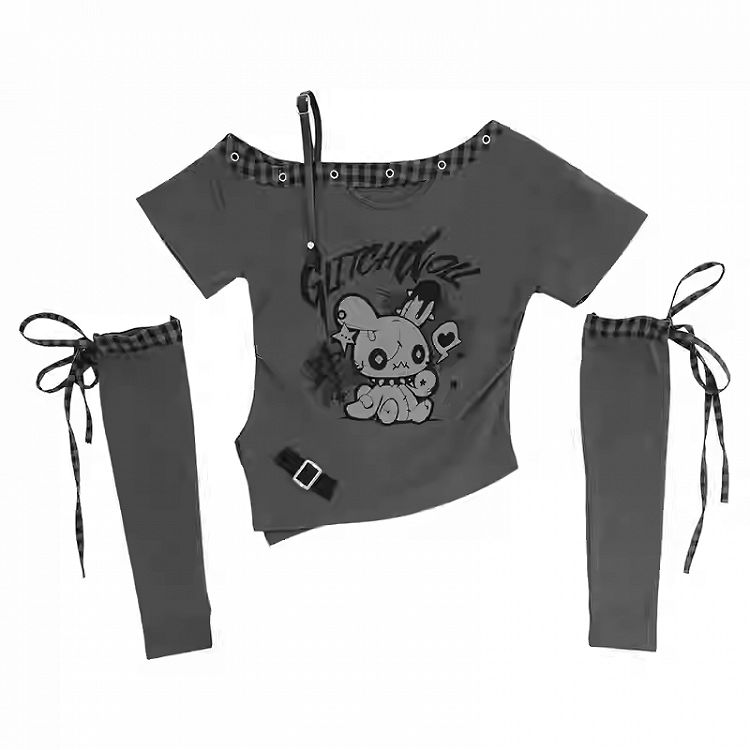 Kostenloses Y2K T-Shirt mit asymmetrischem Ausschnitt Bunny Print Rot/Schwarz Armwear