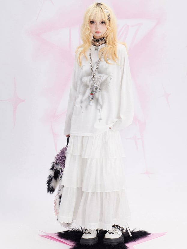 ホワイトレーストリム ティアードマキシスカート