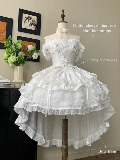 Blooming Layered Jacquard Hime Lolita Dress – Basque Waist with Lace & Fluffy Flower Accents | Sheer Ocean
