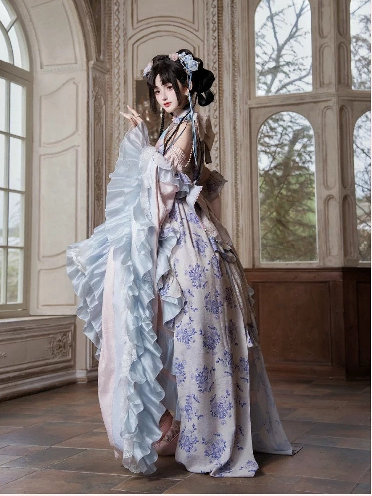 Porcelain Theme Asymmetrical Flounce Hem Lolita Dress Set with Detachable Sleeves - Your Highness