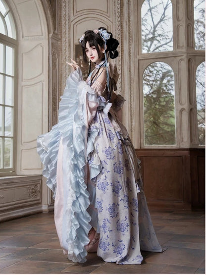 Porcelain Theme Asymmetrical Flounce Hem Lolita Dress Set with Detachable Sleeves - Your Highness