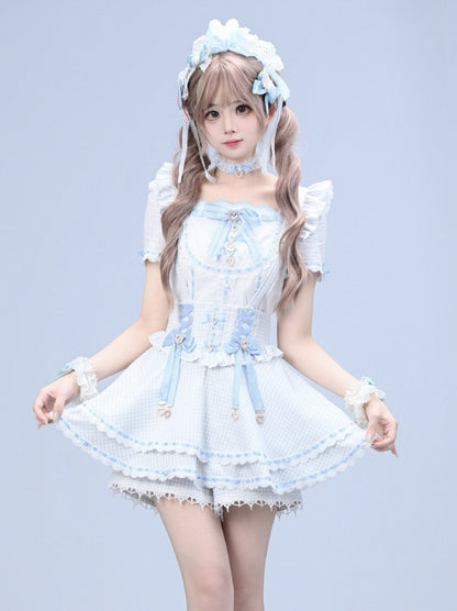 Blue Ryousangata Square Neck Short-Sleeve Cotton Blouse with Rhinestone Bow & Lace Details - Broken Bear