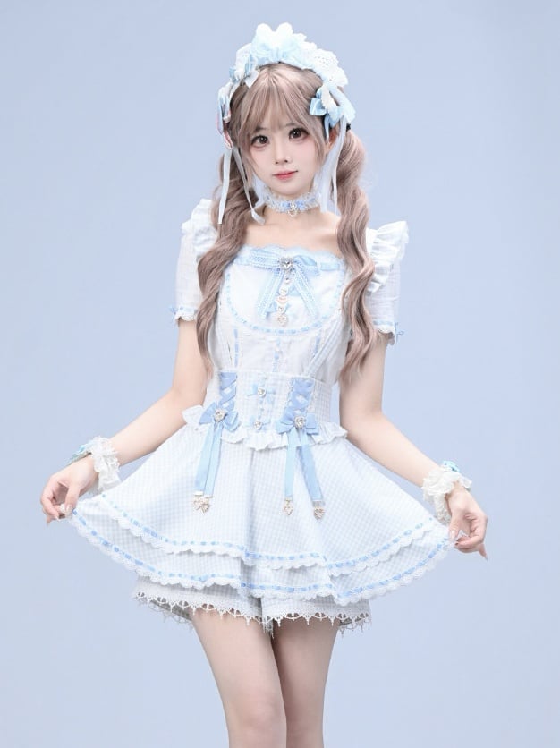 Blue Gingham Ryousangata Fashion Overall Skort with Rhinestone Bow & Lace Details - Broken Bear