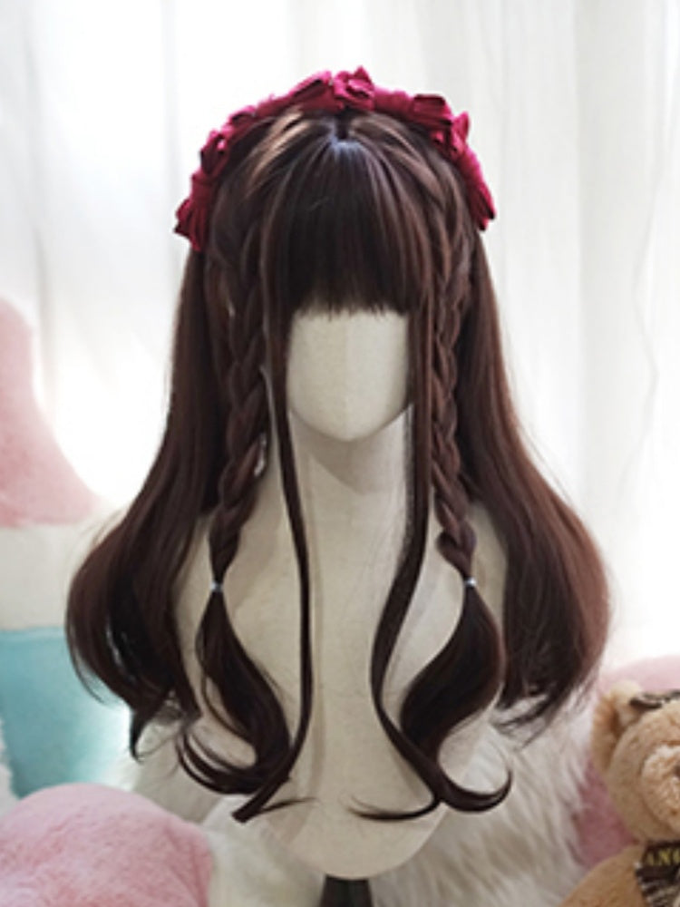 ダークブラウンのロングウェーブウィッグ（前髪あり）