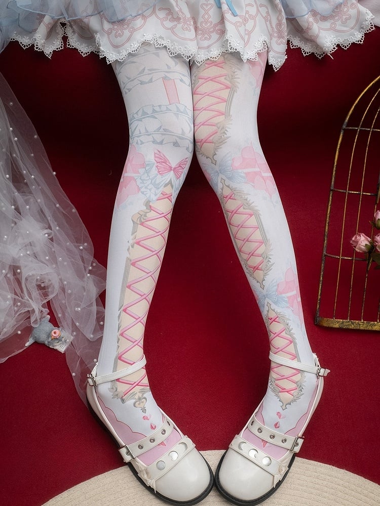 バタフライプリントのクリスクロスバンドタイツとアシンメトリーのピンク/ブルー/ブラック/イエロー/レッド