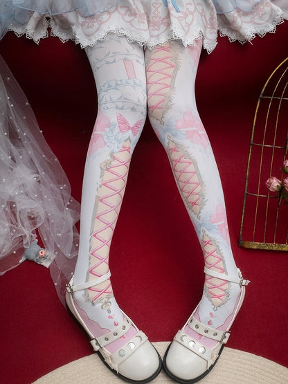 バタフライプリントのクリスクロスバンドタイツとアシンメトリーのピンク/ブルー/ブラック/イエロー/レッド