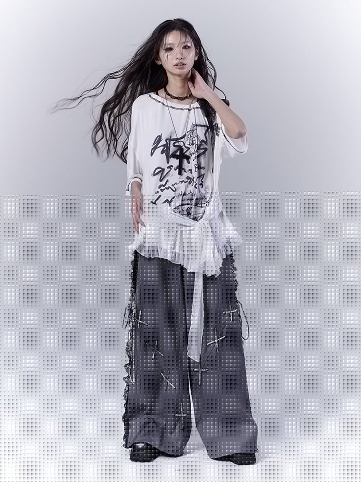 ウエストヘム付きグラフィックTシャツ ホワイト アシンメトリーネックライン フリルストラップ セルフタイ