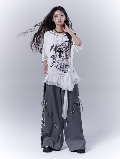 ウエストヘム付きグラフィックTシャツ ホワイト アシンメトリーネックライン フリルストラップ セルフタイ