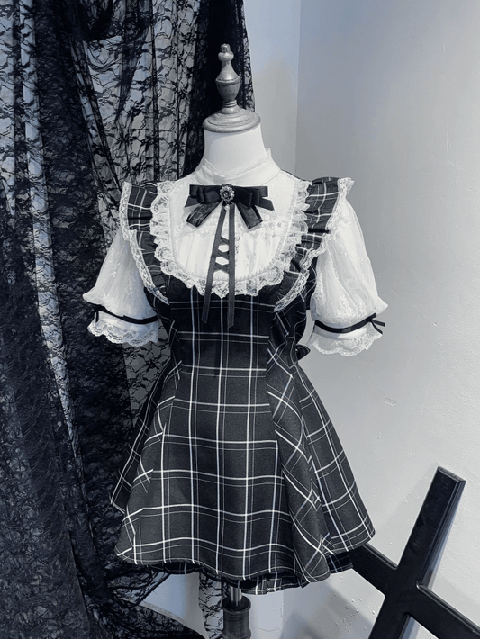 Jirai Kei Short Puff Sleeves Set Shorts White Top - Plaid/Gray Plaid Neckline Illusion Black and in