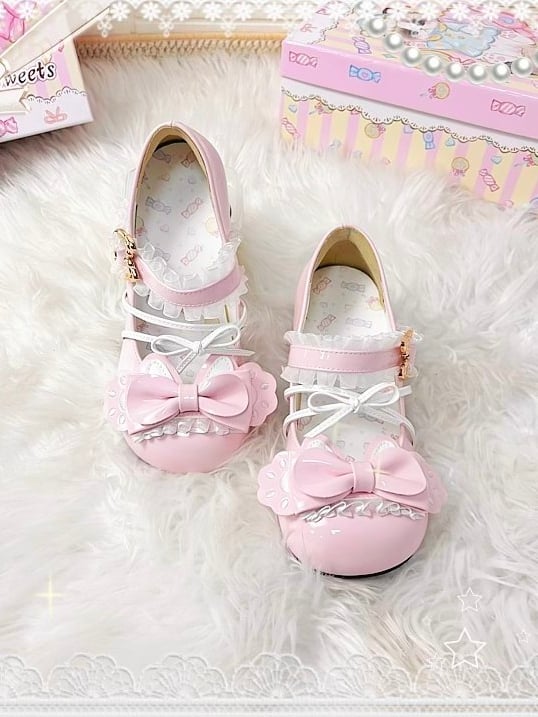 Round-toe Paw Details with Pink Cat Heel Sweet Heels in Cat-themed Lace Bow Lolita Mid