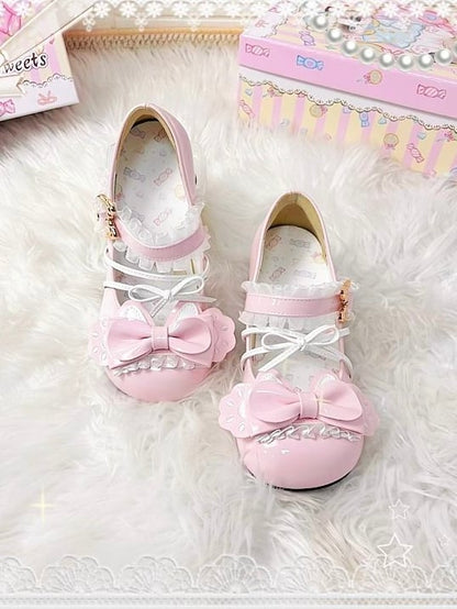 Round-toe Paw Details with Pink Cat Heel Sweet Heels in Cat-themed Lace Bow Lolita Mid