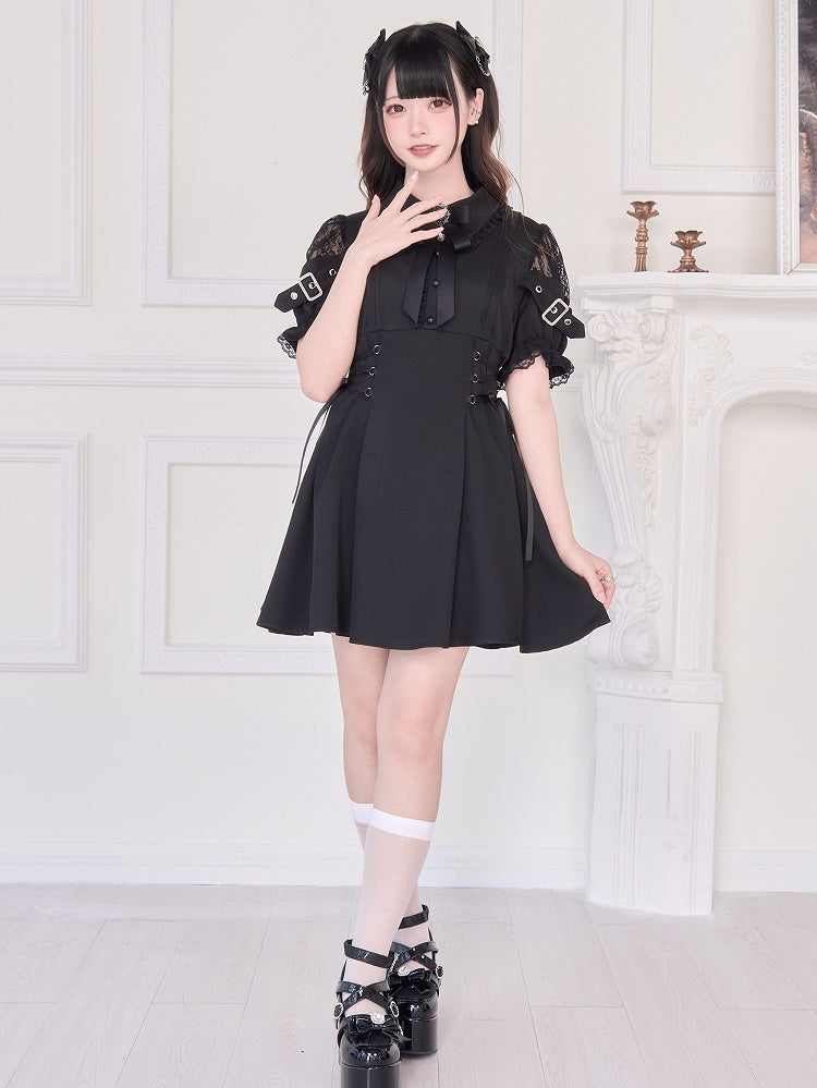 Jirai Kei – Rotes Kleid mit hoher Taille und Kunstschnürung, Schwarz/Schwarz, zweiteilig