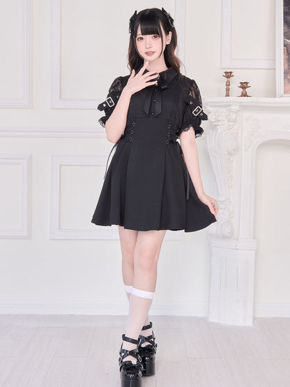 Jirai Kei – Rotes Kleid mit hoher Taille und Kunstschnürung, Schwarz/Schwarz, zweiteilig