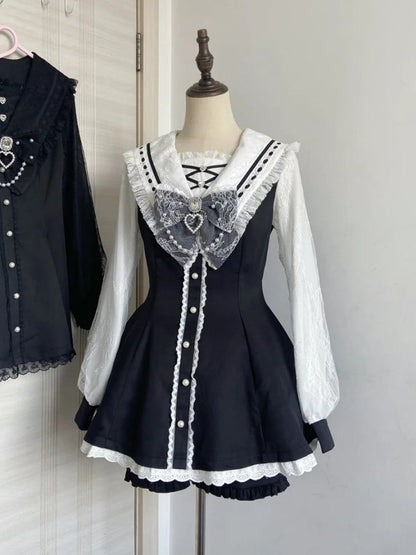 Collar Jirai White and Set: with Matching Coord Sailor Black Nautical Shorts Dress Kei