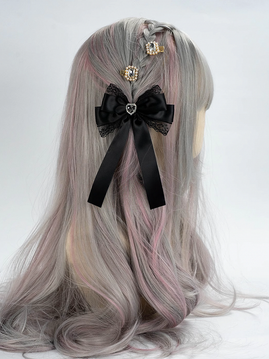 Hairclip Black Jirai Rhinestone Kei Lace Bow