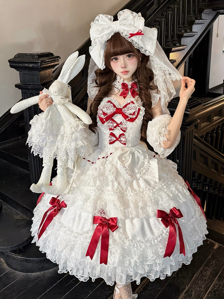 Lolita Red Accents with Sweet Lace Dress Bow White JSK and Princess