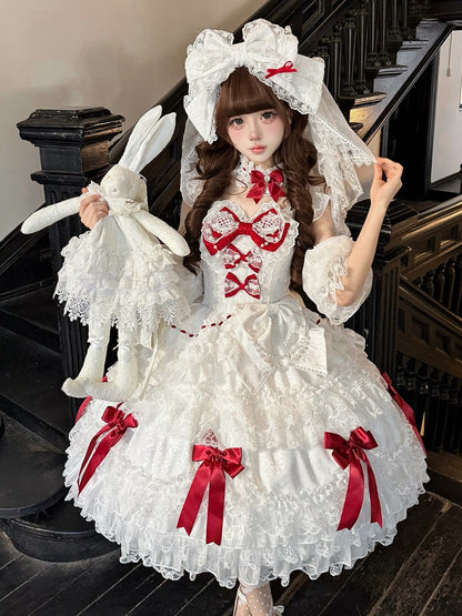 Lolita Red Accents with Sweet Lace Dress Bow White JSK and Princess