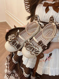 Beigebraune Details, gestreifte Schnalle mit Lolita-Herz-Schleifenmuster