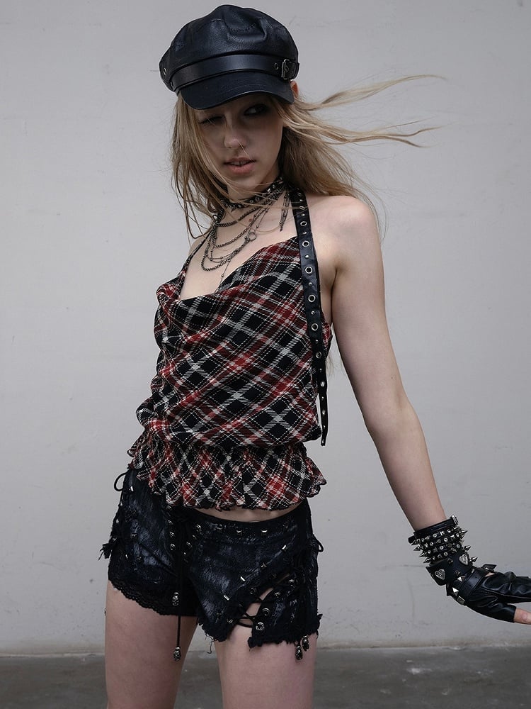 Punk Wasteland Neckholder Top Halsausschnitt Trim Muster SchwarzRot Glamourös Plaid Rüschen Kapuze