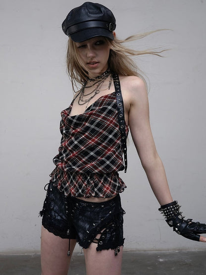 Punk Wasteland Neckholder Top Halsausschnitt Trim Muster SchwarzRot Glamourös Plaid Rüschen Kapuze
