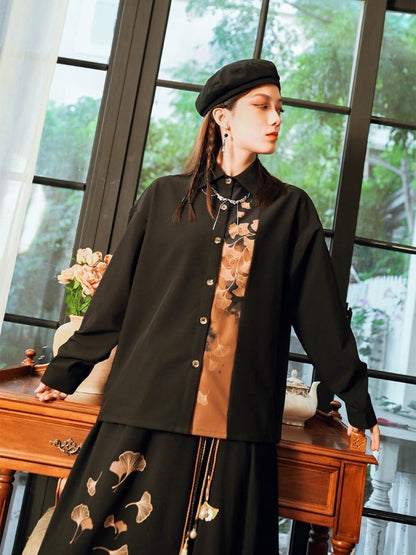 Placket Shirt Ginkgo Panel Orange Cheongsam Button-Down Black Gothic with