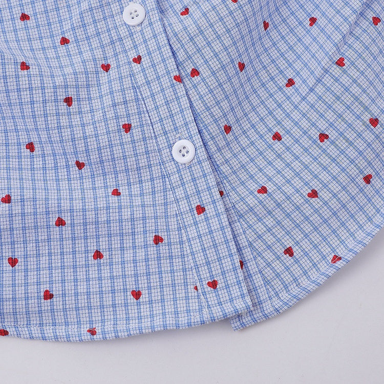 Heart Print Blue Asymmetrical Dolphin Embroidered Shirt - Languid Park