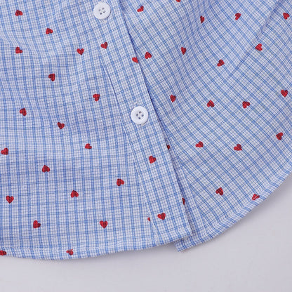 Heart Print Blue Asymmetrical Dolphin Embroidered Shirt - Languid Park