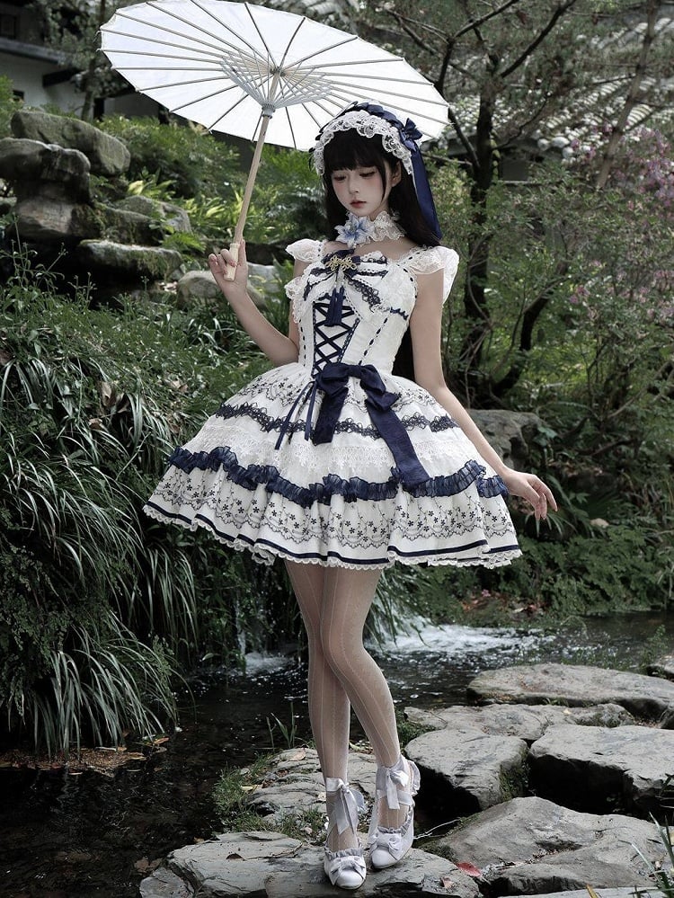 Blue and White Porcelain Corset Waist Lolita JSK Dress with Tassel Bows - Miss Han