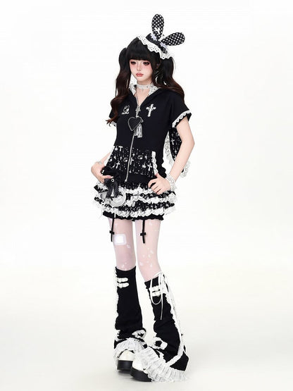 Black Bunny Ear Hooded Short Sleeve Top with Lace Print - CRAZY GIRL