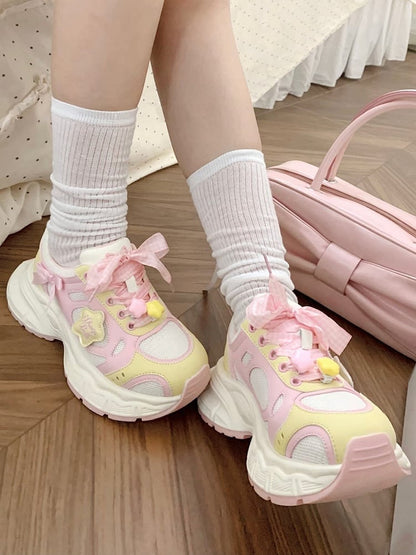 in Platform Pink Lolita Design Bow Plaid Lace-up Star Sweet Details Sneakers Yellow And