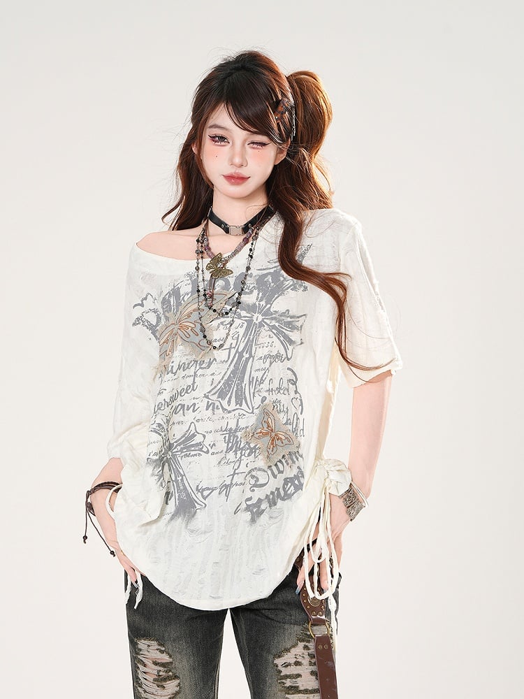 バタフライアップリケ クロスプリント ダメージ加工 穴あき