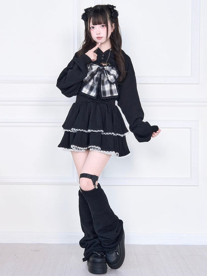 Kei Bust Black Open Subculture Jirai Short Hoodie Set: Bow Tank Big Plaid Two-Piece