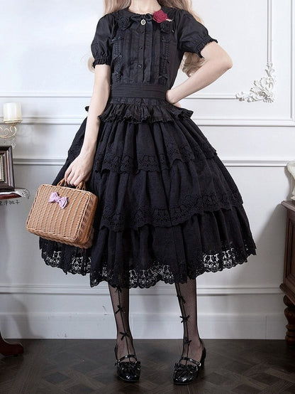 Elegant Black Multilayer Ruffled Floral Embroidery Skirt - Miss Point