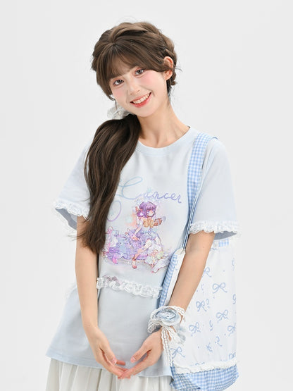 ブルー ラウンドネック レース ルーズ Tシャツ アップリケ 蟹座 星座プリント