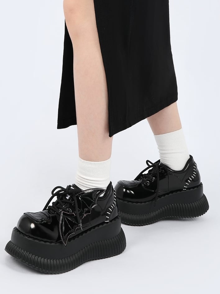 - Bat Wing Platform Details Back Lace-Up Design Accents Bittersweet Black Stitched Shoes with