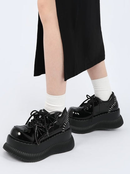 - Bat Wing Platform Details Back Lace-Up Design Accents Bittersweet Black Stitched Shoes with