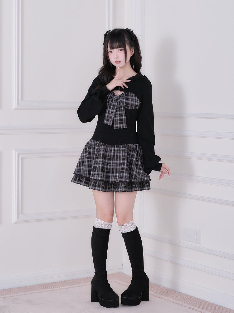 Black Dress Sleeve With Kei Design Plaid Long Jirai Hooded
