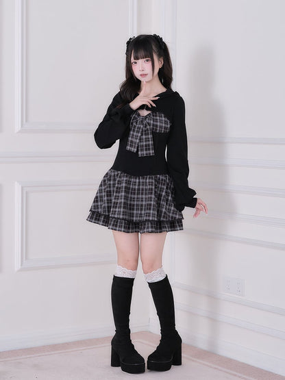 Black Dress Sleeve With Kei Design Plaid Long Jirai Hooded