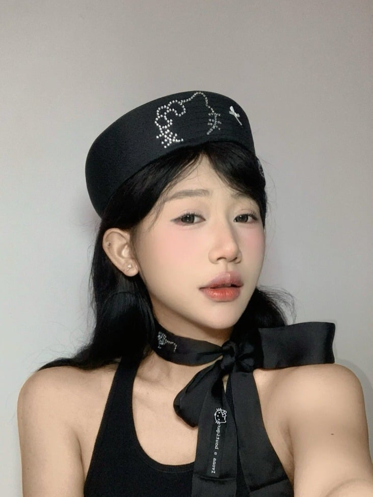 2-Color Sailor Hat with Cat Rhinestone Decoration - IVONA boutique