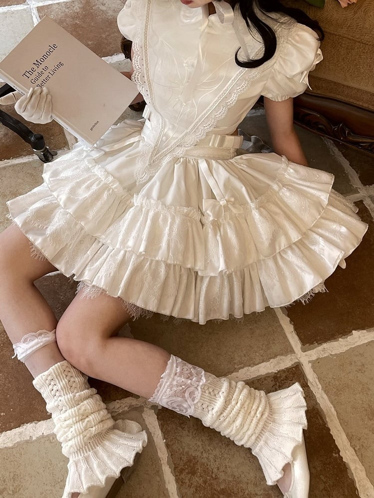 Bow Layered Lolita with Gothic Skirt Embellishments White Lace