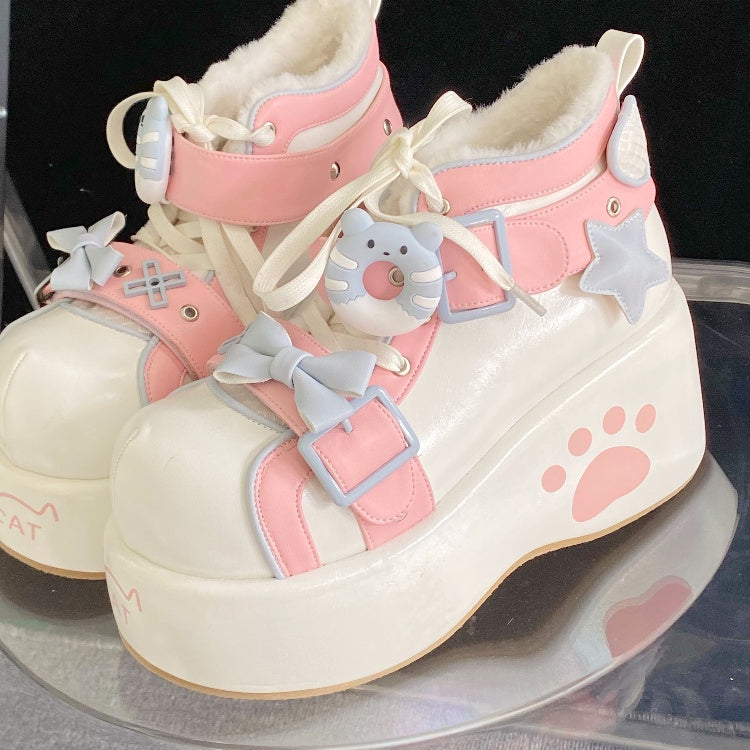 Lolita Sweet Embellishments Pink Bow Platform Regular/Thicken Shoes Paw Version - Themed Motif with Kitty White Embroidery